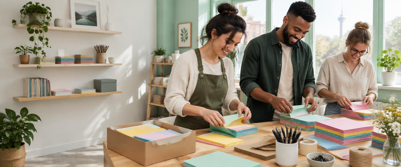 People assembling information packs together in a local print studio